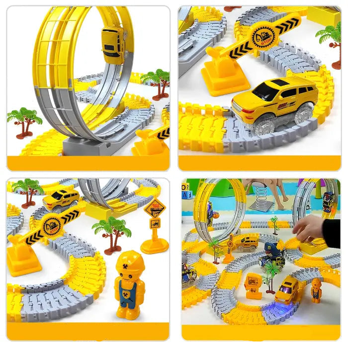 Looped race car track set with 360° climbing cars, road signs, and engineering-themed props.