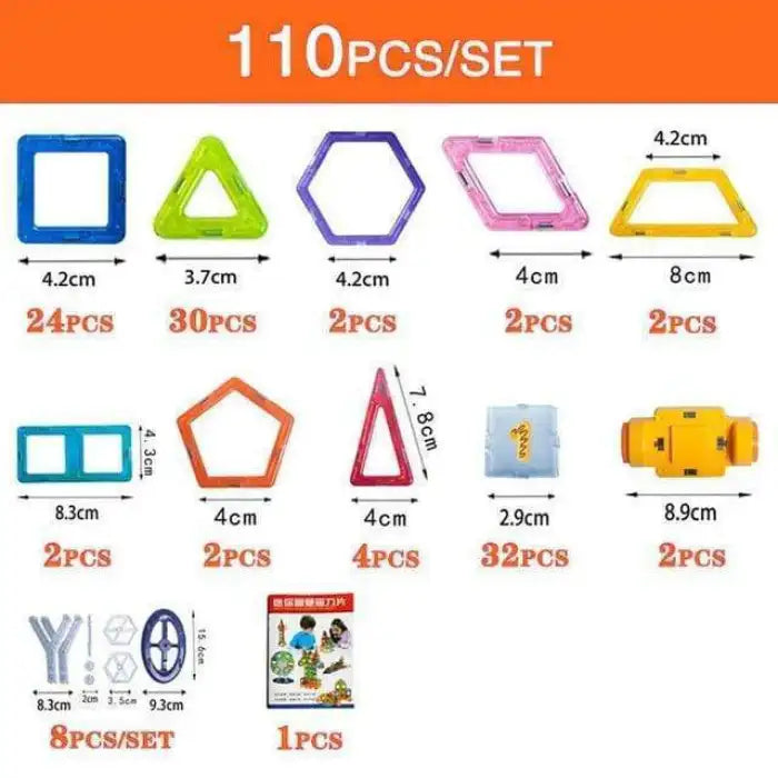 Magnetic building blocks 110-piece set showing different colorful geometric shapes with dimensions.