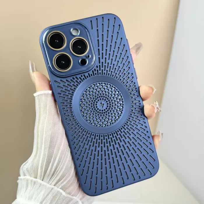 Magnetic wireless phone case in deep blue finish shown upright in hand with full rear texture visible.
