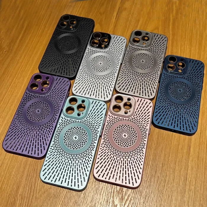 Magnetic wireless phone case in assorted colors including black, gray, pink, blue, purple, light blue and silver on table.
