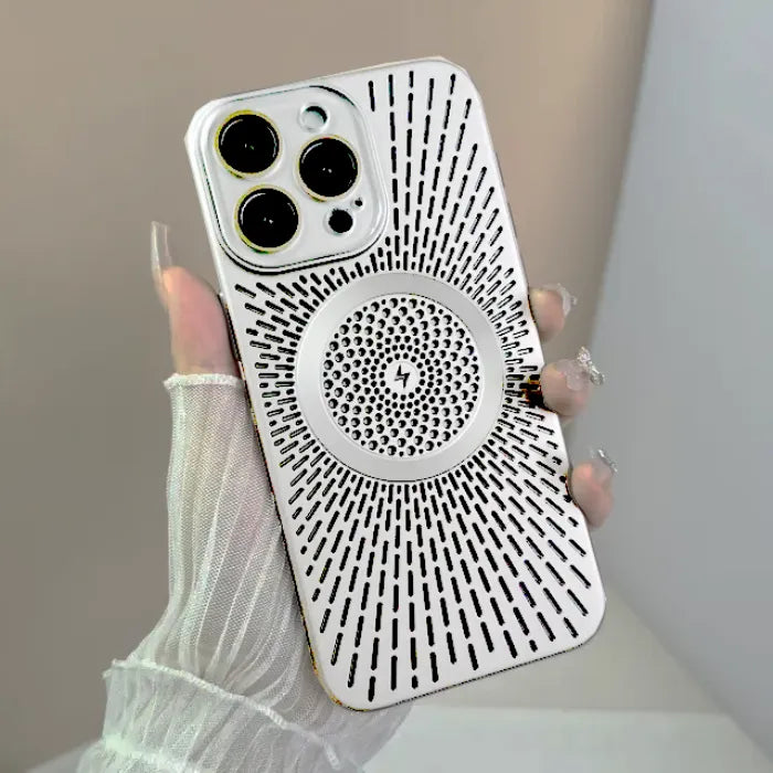 Magnetic wireless phone case in Silver finish held in hand with sleek radial vent pattern.