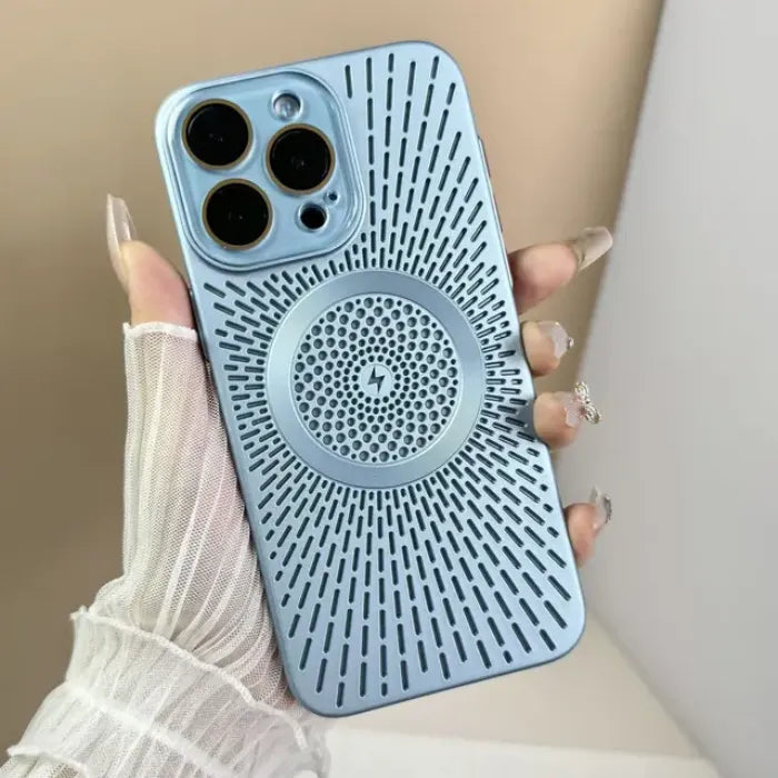 Magnetic wireless phone case in light blue finish with radial heat dissipation pattern on back cover.