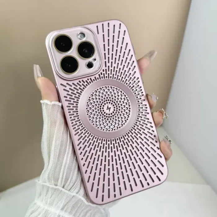 Magnetic wireless phone case in metallic pink shade with perforated back design held vertically.