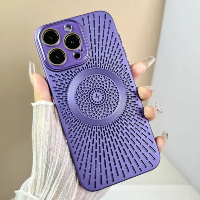 Magnetic wireless phone case in vivid purple with central magnetic ring and textured rear detailing.