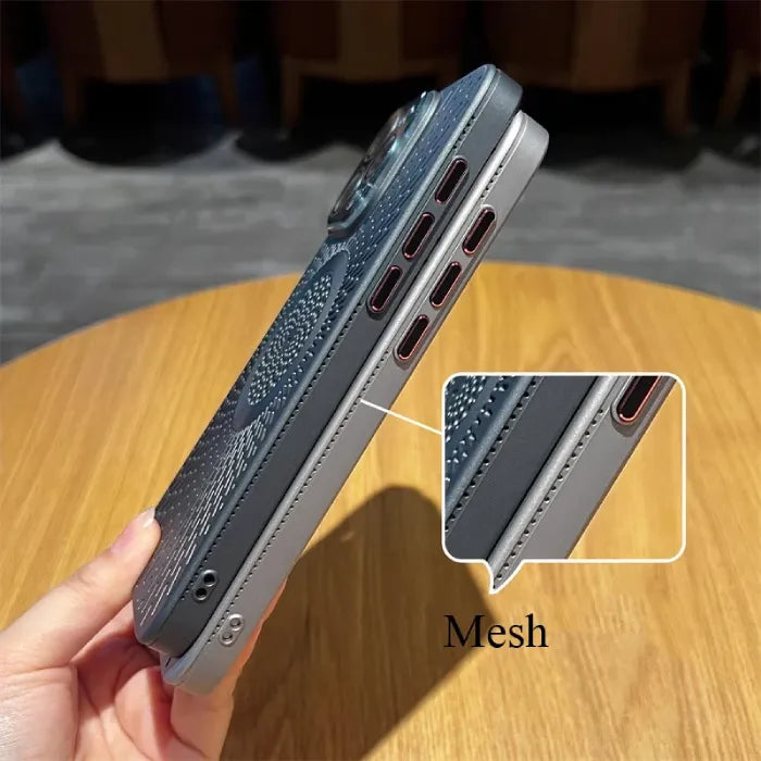 Magnetic wireless phone case side view showing mesh design and red inner button details with inset zoom.