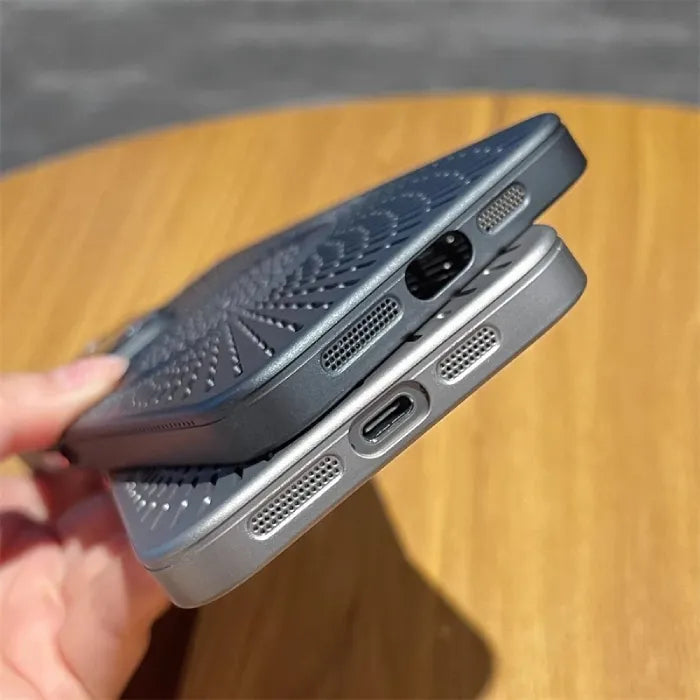 Magnetic wireless phone case close-up showing USB-C charging port and speaker cutouts in daylight.