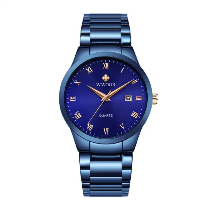 Men's fashion watch in metallic blue with gold Roman markers and date window