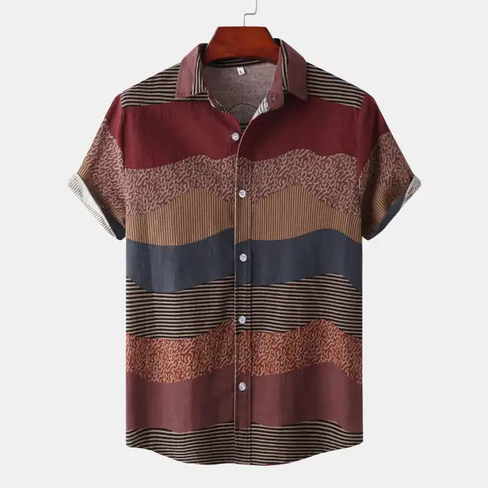 Men's plus size casual shirt with multicolor striped patterns and short sleeves on wooden hanger