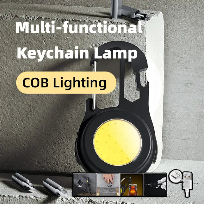 Product title card showing black carabiner light with COB lighting technology and usage examples