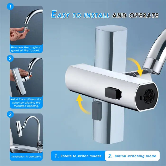 Multi use faucet installation guide showing simple 3-step setup and mode switching instructions.