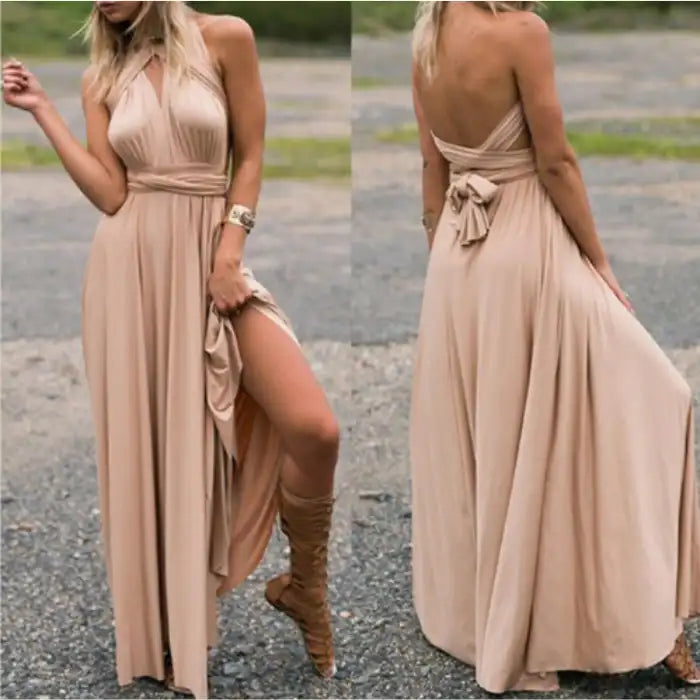 Multiway dress in beige with halter neckline, leg slit, and tie-back styled in a boho look.