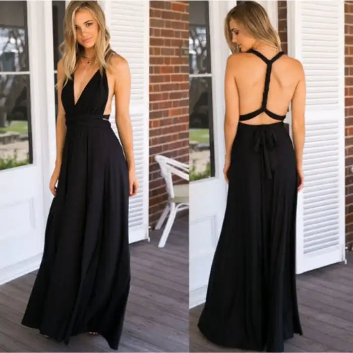 Multiway dress in black with deep v-neck and crisscross back straps styled for casual elegance.
