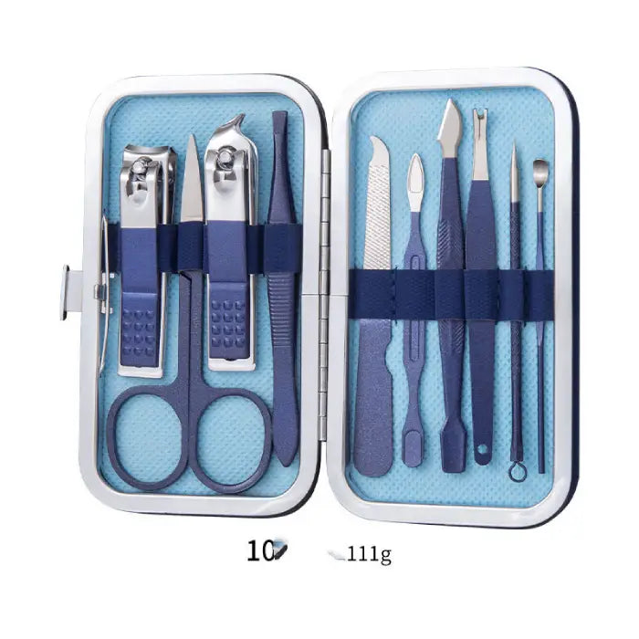 Navy blue professional manicure kit with metal tools and scissors in compact metal case with textured interior