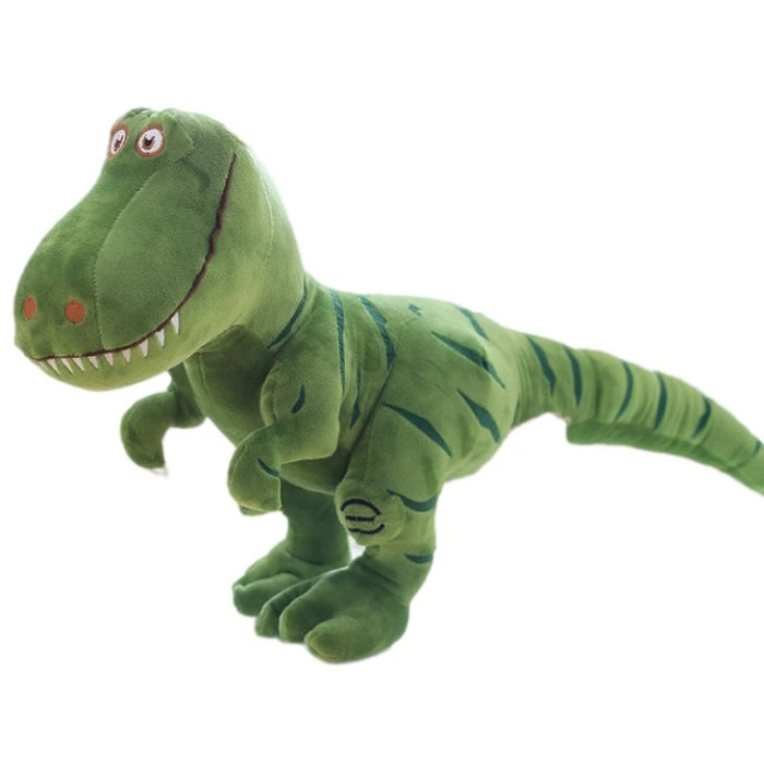 Plus dinosaur toy in green with stripes standing alone against white background