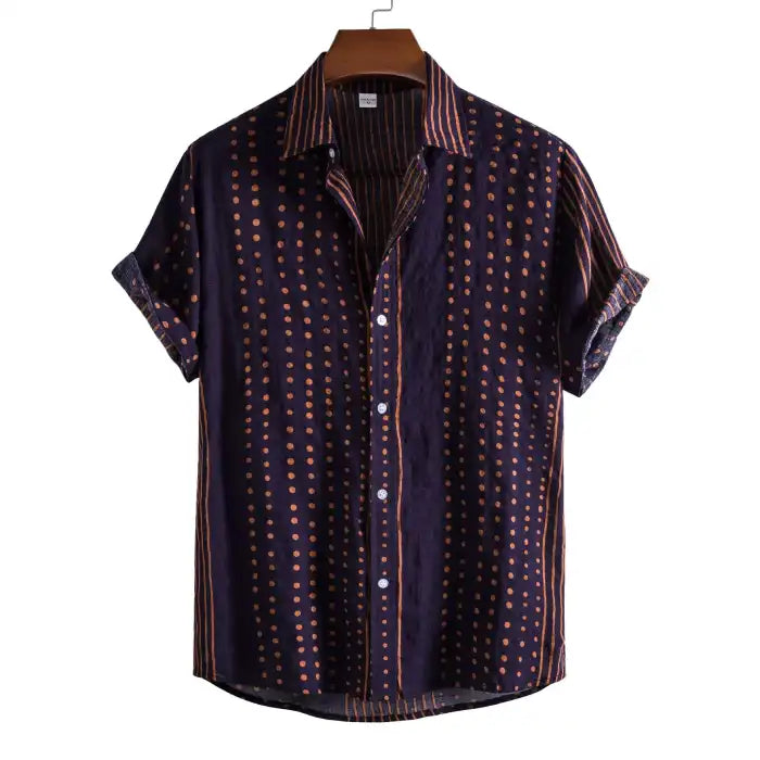 Plus size polka dot short sleeve button-up shirt in navy blue with orange dots and stripes