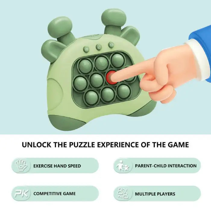 pop it game green toy with cartoon hand pressing a red bubble for hand speed game