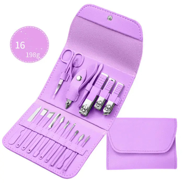 Purple compact manicure set with nail care tools and implements in folding leather-textured case