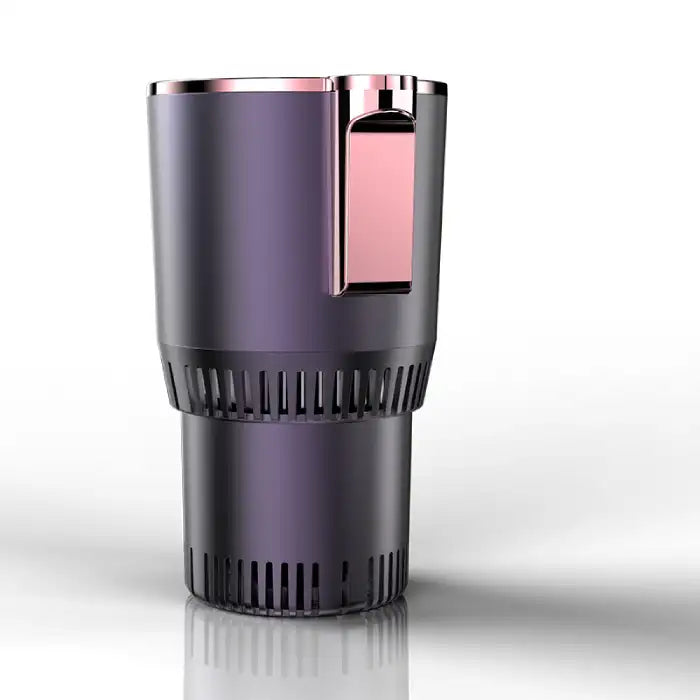 Car Heating Cooling Cup Holder in metallic purple and rose gold, standing upright on glossy surface.