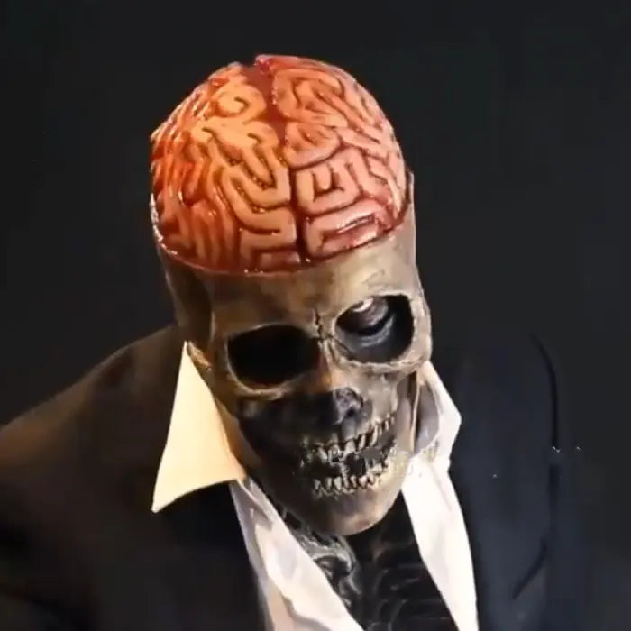 Realistic Halloween brain-exposed skeleton mask paired with a white shirt and black jacket.