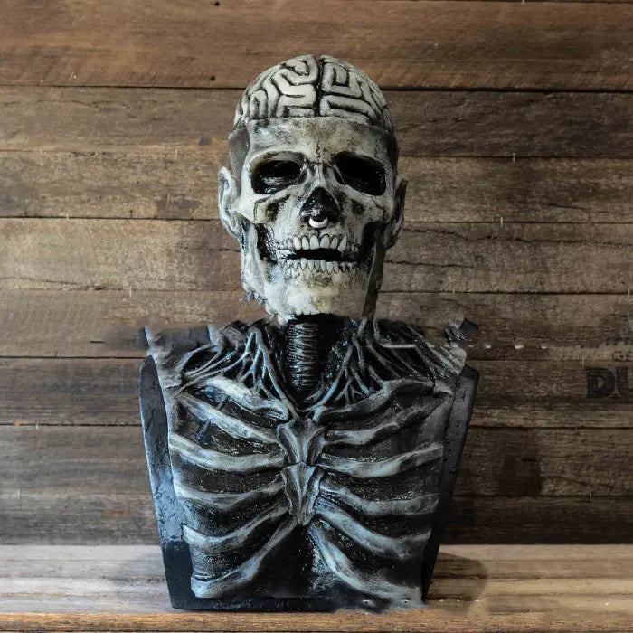 Realistic Halloween skeleton mask with exposed brain and detailed chest muscle design.