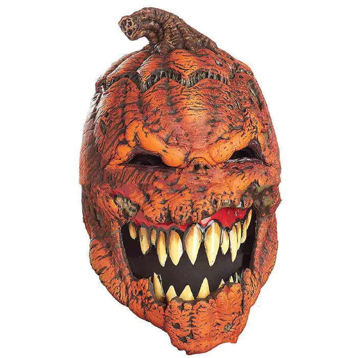 Realistic Halloween mask designed as evil pumpkin face with large sharp teeth and twisted stem.