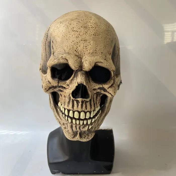 Realistic Halloween tan skull mask with grinning teeth on a black stand for display or decor.