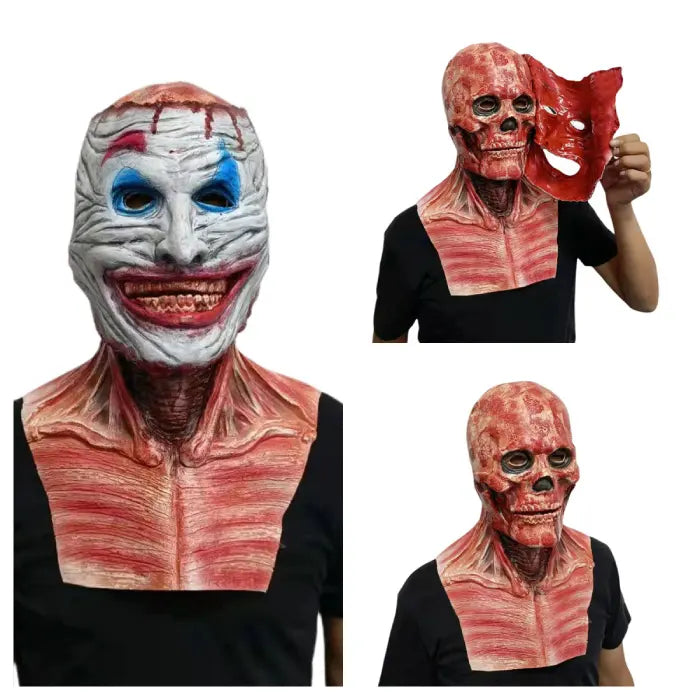 Realistic Halloween mask with Joker-style face covering removable red muscle skull layer underneath.
