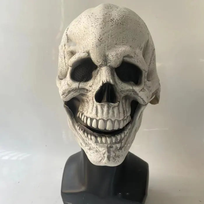Realistic Halloween skull mask in white with wide grin and hollow black eyes on display stand.