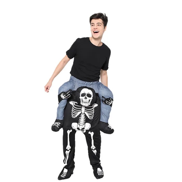 Man posing in ride on skeleton costume with skeleton character illusion.