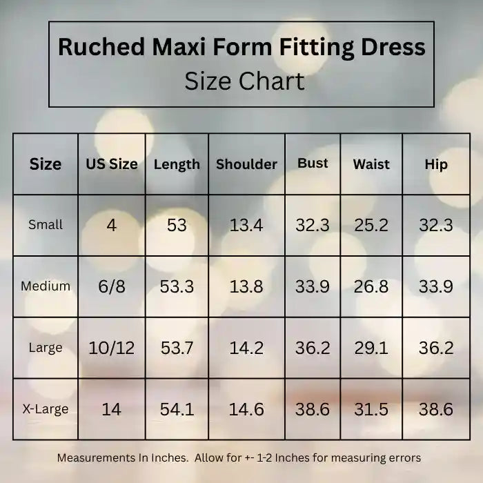 Tye Dye form fitting maxi dress size chart.  Small, Medium, Large and Extra Large sizes with actual measurements in Inches
