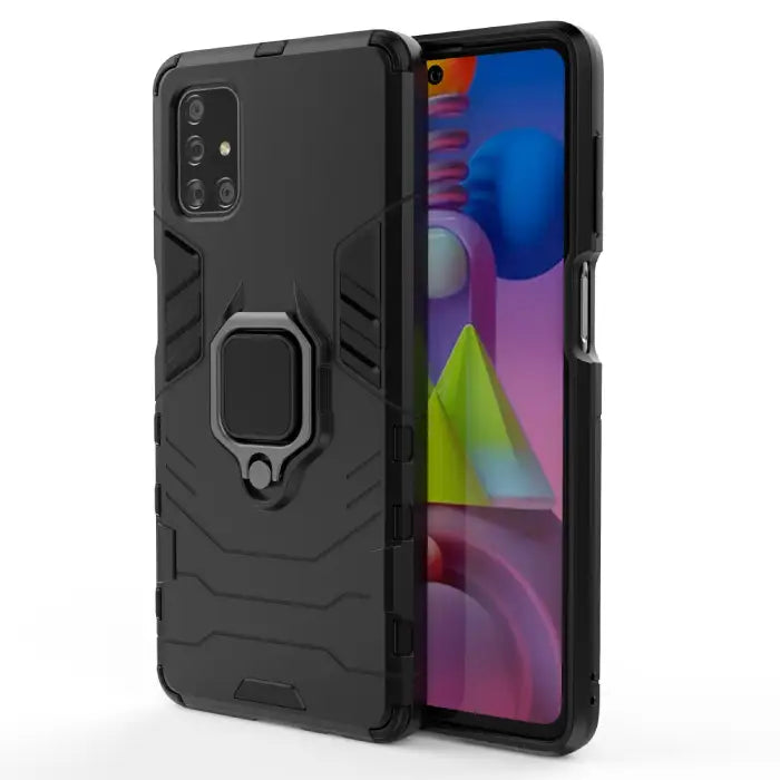 Samsung phone case in black with rugged design and built-in ring holder for enhanced grip and kickstand functionality.