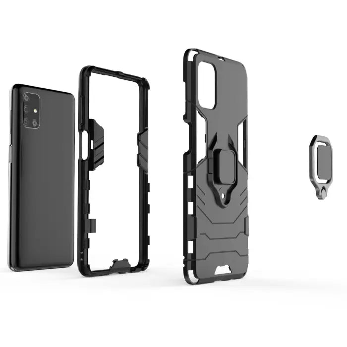 Exploded view of a Samsung phone case showing its rugged layers, detachable ring holder, and precise cutouts for protection and functionality.