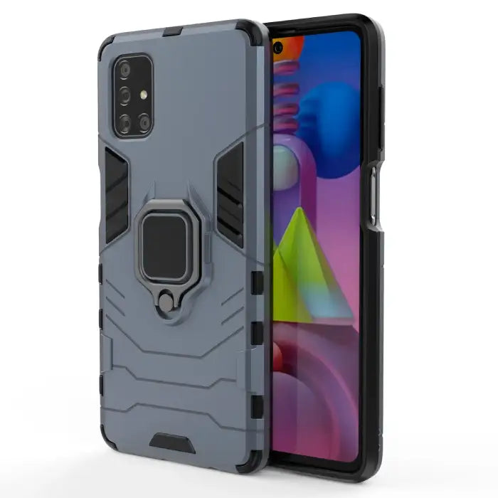 Samsung phone case in gray with a rugged design, built-in ring holder, and kickstand feature for added convenience.