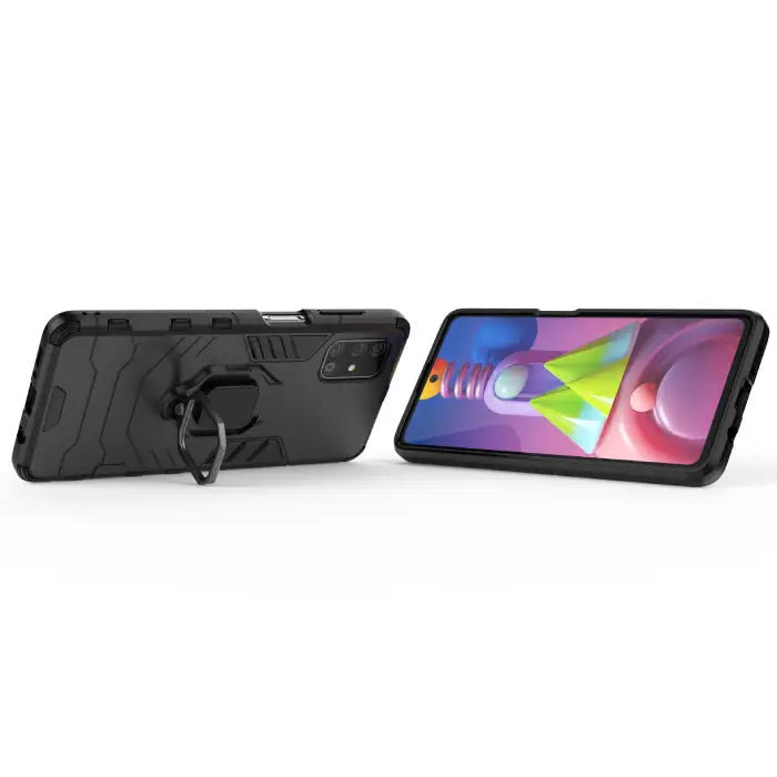 Samsung phone case in black with a built-in ring holder used as a kickstand, displaying the phone in landscape mode.