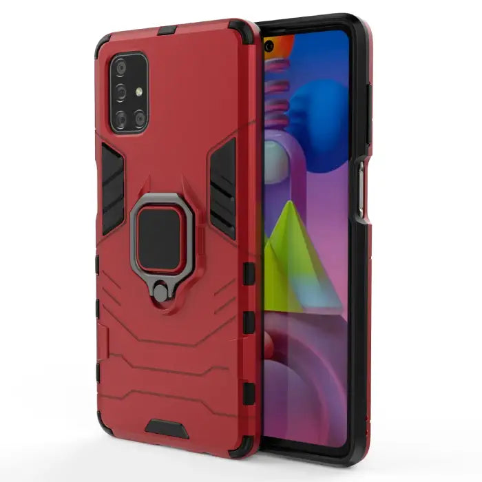 Samsung phone case in red with a durable, rugged design and integrated ring holder for grip and kickstand use.