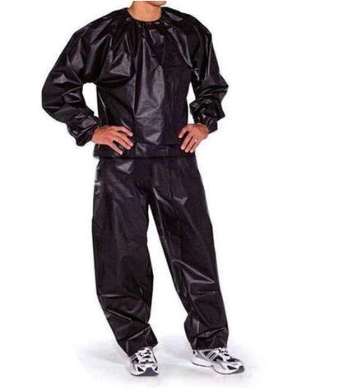 Full-body black sauna suit with elastic cuffs for maximum heat retention during workouts and cardio training.