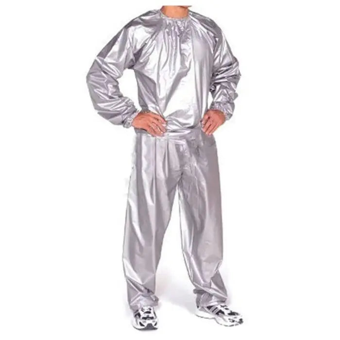 Men's silver sauna suit set designed for enhanced sweating, cardio performance, and fat-burning sessions.