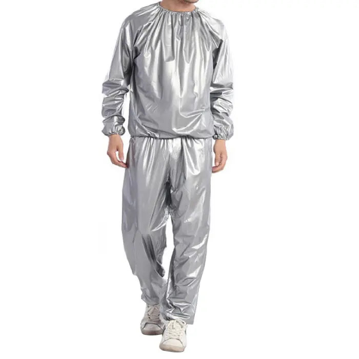 Silver sauna suit for men, designed to trap heat and boost perspiration during fitness or cardio workouts.