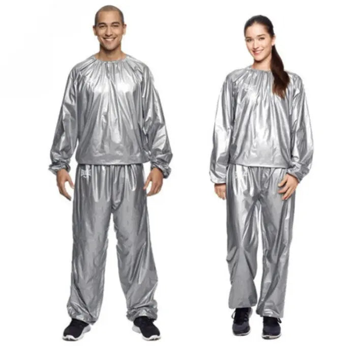 Unisex silver sauna suits modeled by man and woman, ideal for fitness, training, and sweat-enhancing workouts.