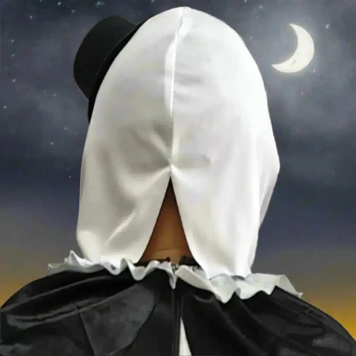 Scary Clown Mask back view with white hood and black ruffled costume under crescent moon sky