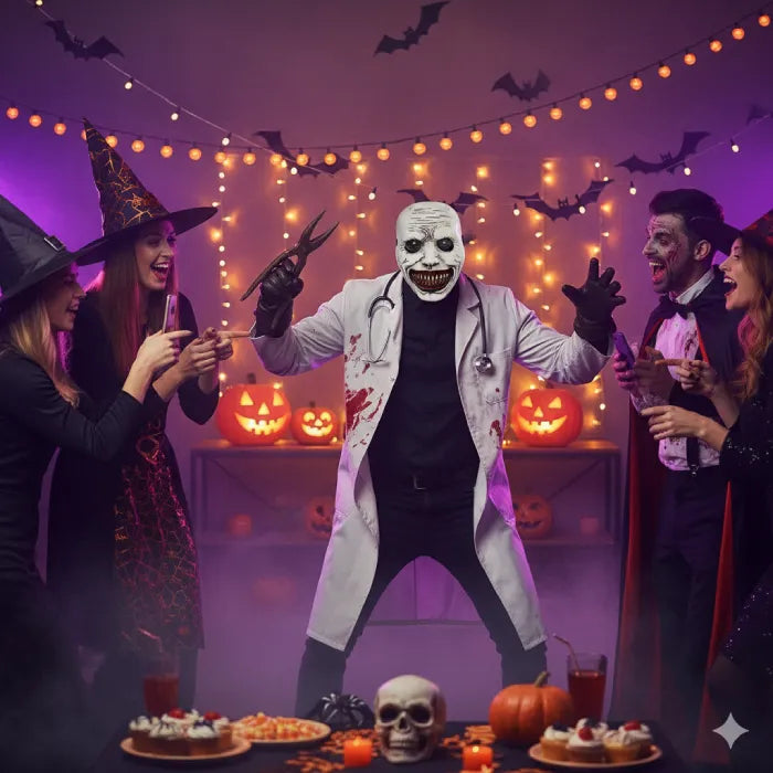Scary doctor mask worn at Halloween party with amazed guests taking photos showing costume as center of attention success