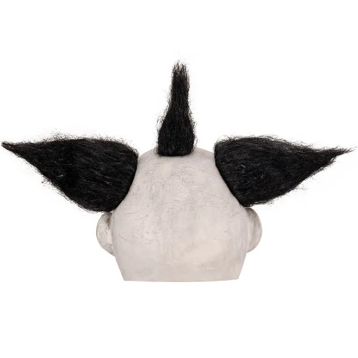 Back view of scary full head latex clown mask with spiked black hair tufts.