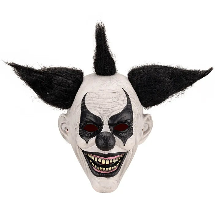Scary full head latex clown mask with black hair tufts and sinister grin.