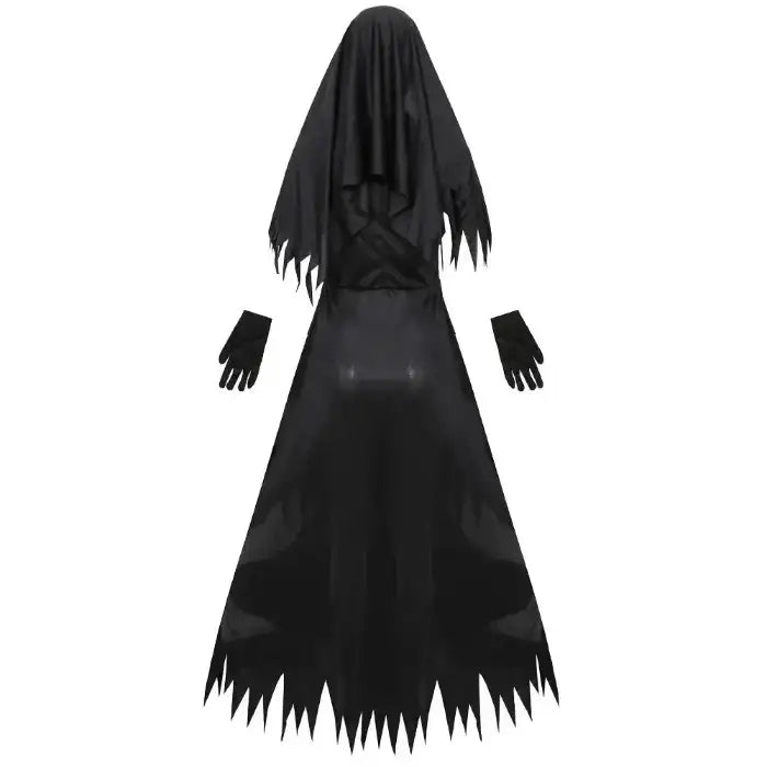 Scary Nun Costume Set rear view showing shredded veil, back of dress, and glove placement