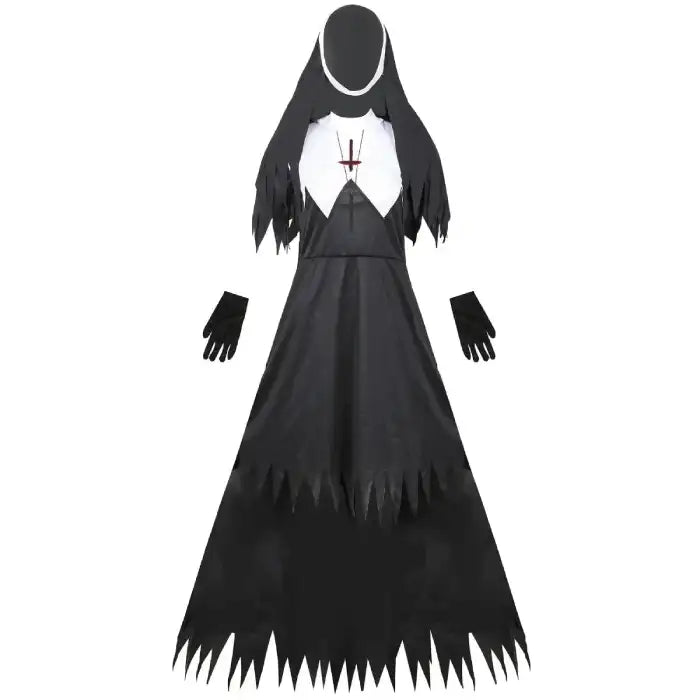 Scary Nun Costume Set front flat lay showing complete dress, gloves, and cross necklace details