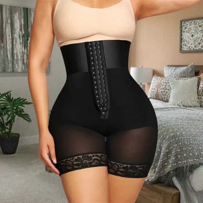 Black shapewear with triple hook closure worn in a cozy bedroom setting for lifestyle look.