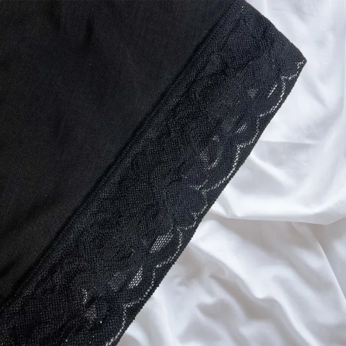 Detailed close-up of shapewear lace hem with anti-curl stitching and breathable floral pattern.