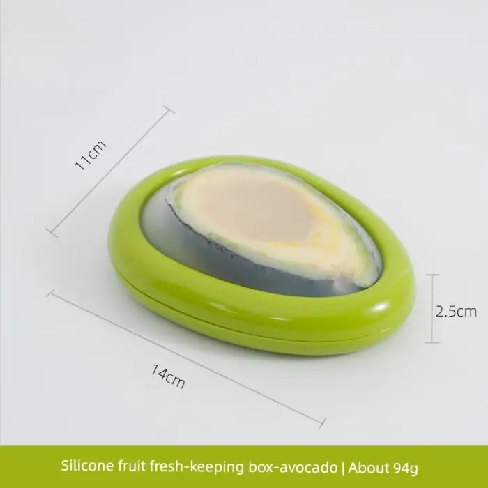 silicone avocado storage box with dimensions of 14cm by 11cm by 2.5cm, perfect for preserving halved avocados