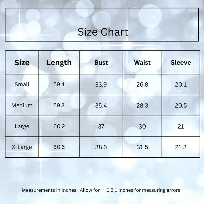 Size chart in inches for formal dress: length, bust, waist, sleeve for S-XL. Use guide to buy perfect fit evening gown.