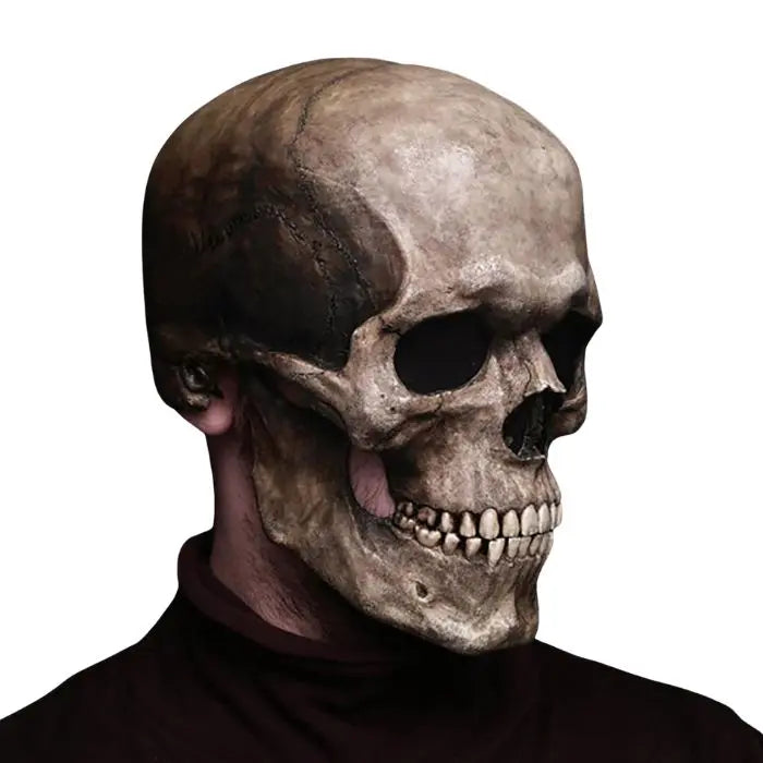 Skull mask side profile with light bone texture, shown against a plain white background.